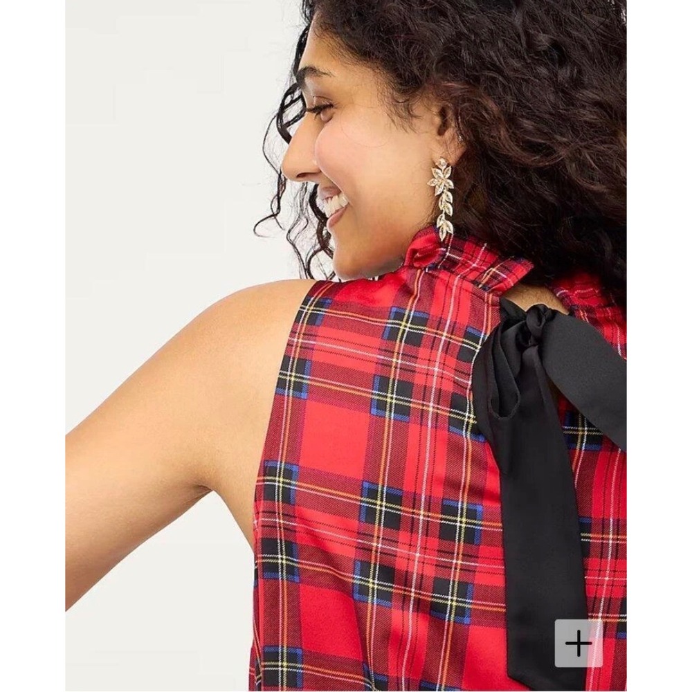 J Crew Ruffle Neck Tartan Plaid Sleeveless Blouse Top Bow Tie Back Sz L Silky